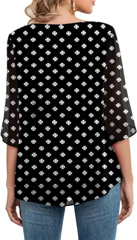 Neineiwu Womens Casual Scoop Neck Loose Top 3/4 Sleeve Chiffon Blouse Shirt Tops