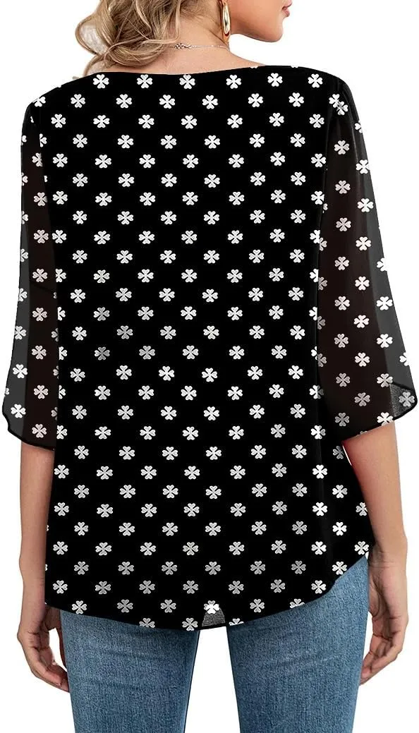 Neineiwu Womens Casual Scoop Neck Loose Top 3/4 Sleeve Chiffon Blouse Shirt Tops
