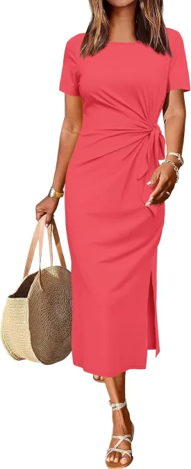 Newshows Womens 2025 Summer Casual Dress Tie Waist T Shirt Short Sleeve Crew Neck Spring Slit Maxi Trendy(Brick Red Pink,L)