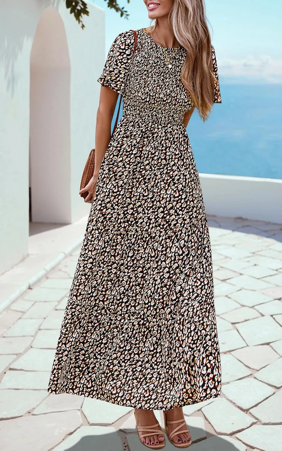 PRETTYGARDEN Women's 2025 Summer Casual Flutter Short Sleeve Boho Floral Maxi Dress Crew Neck Smocked Tiered Long Dresses