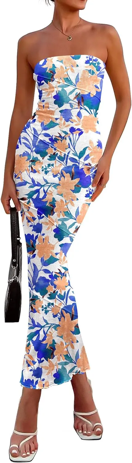 PRETTYGARDEN Women's 2025 Summer Floral Bodycon Maxi Dresses Ribbed Strapless Tube Casual Boho Party Long Dress