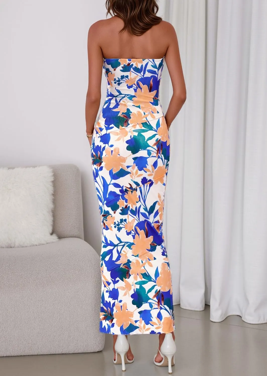 PRETTYGARDEN Women's 2025 Summer Floral Bodycon Maxi Dresses Ribbed Strapless Tube Casual Boho Party Long Dress