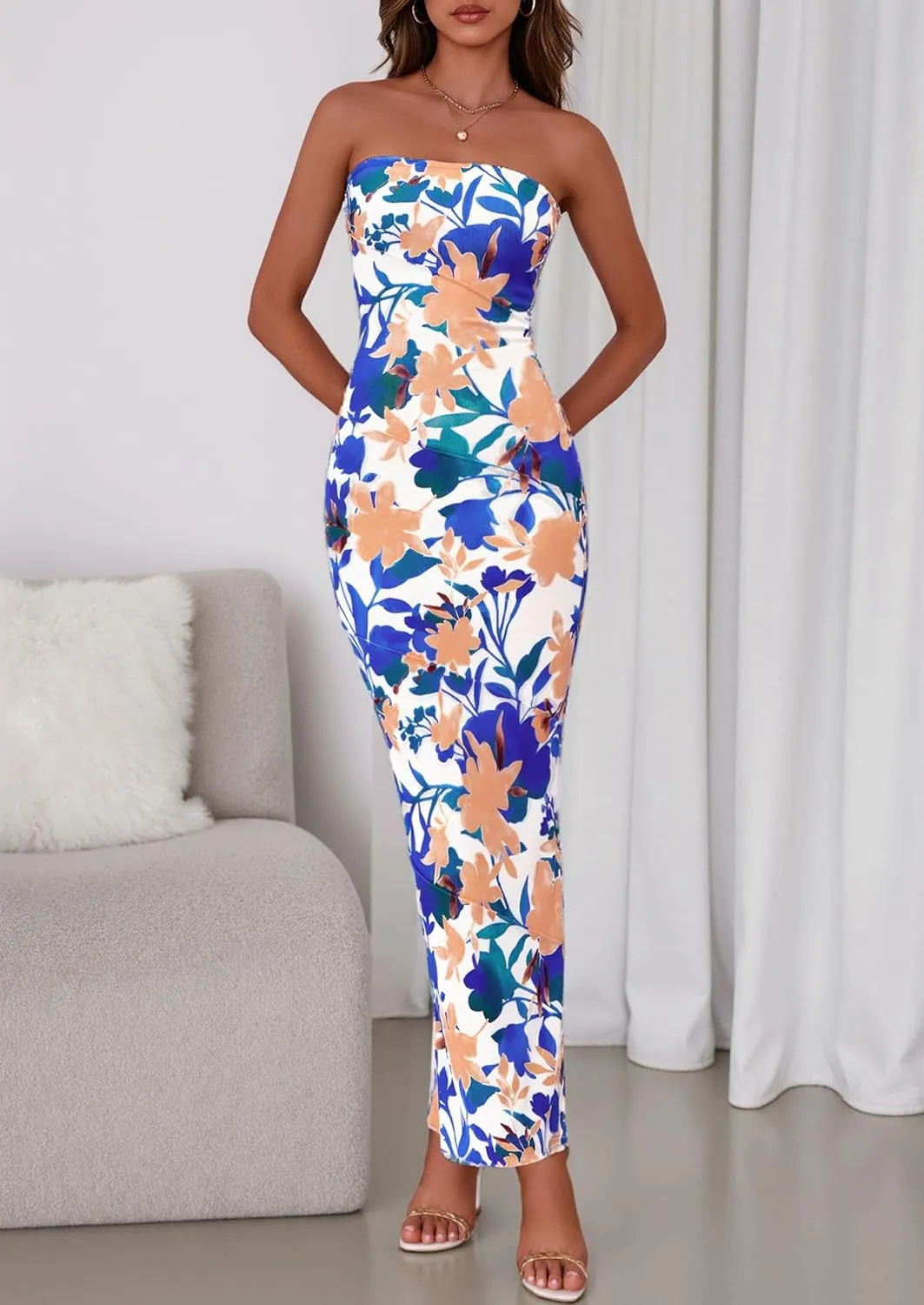 PRETTYGARDEN Women's 2025 Summer Floral Bodycon Maxi Dresses Ribbed Strapless Tube Casual Boho Party Long Dress