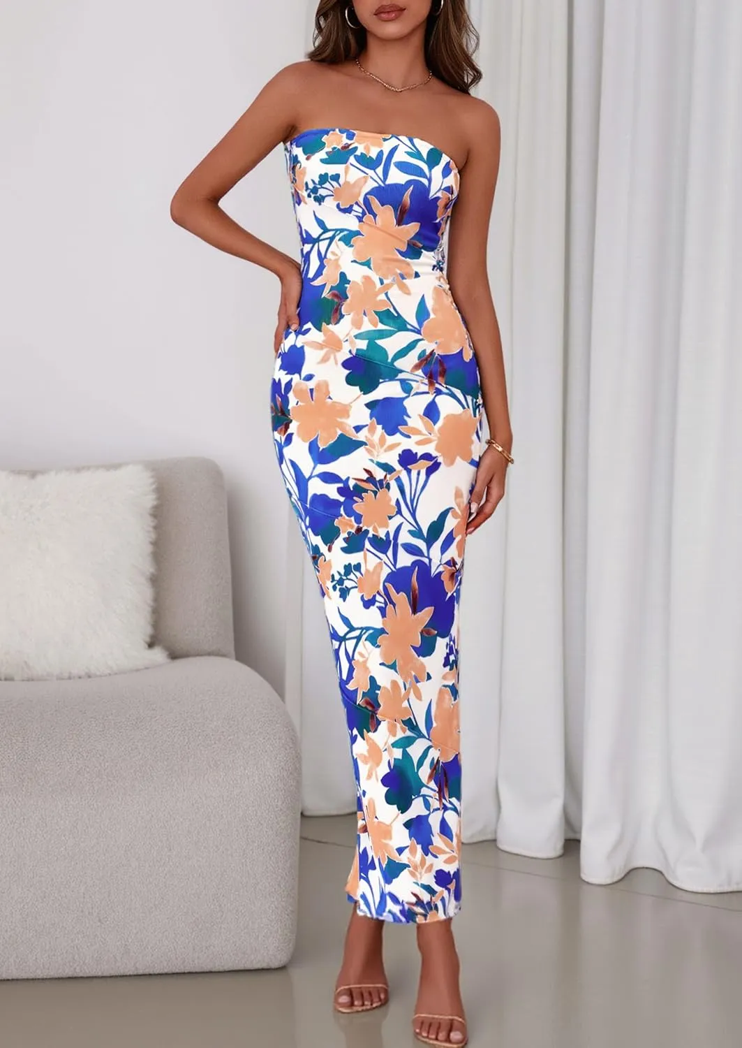 PRETTYGARDEN Women's 2025 Summer Floral Bodycon Maxi Dresses Ribbed Strapless Tube Casual Boho Party Long Dress