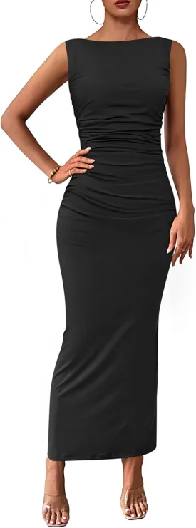 PRETTYGARDEN Women's 2025 Summer Semi Formal Midi Dresses Sleeveless Ruched Bodycon Long Elegant Cocktail Wedding Guest Dress
