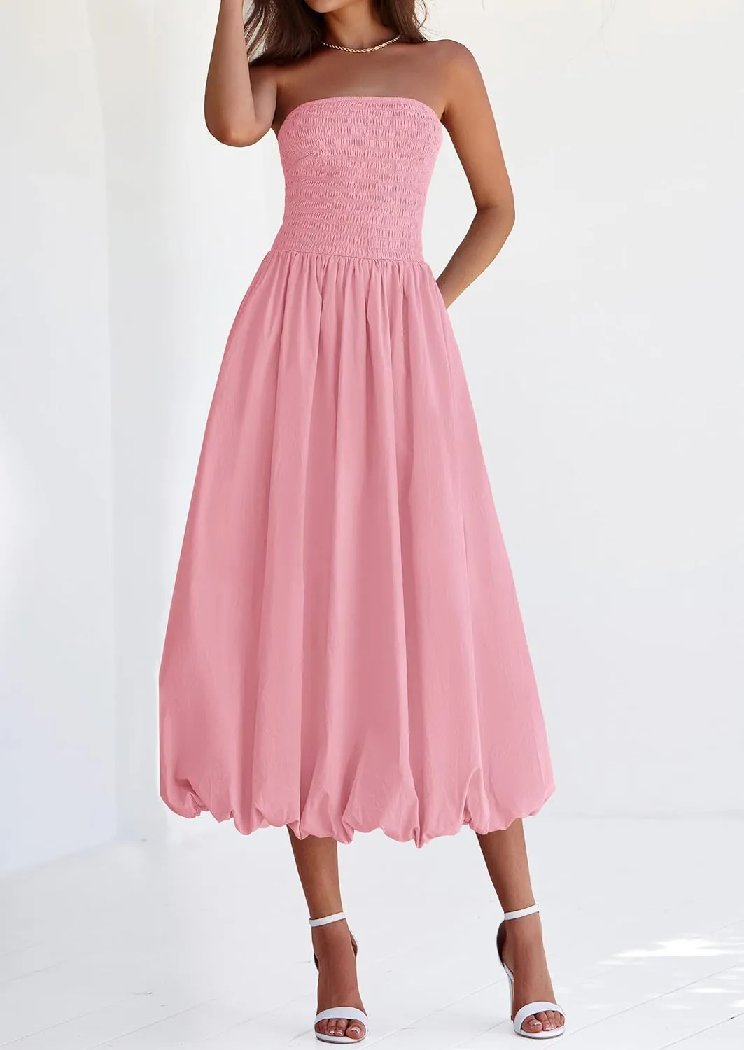 PRETTYGARDEN Women's 2025 Summer Strapless Tube Midi Dress Smocked A Line Bubble Long Flowy Casual Elegant Party Dresses