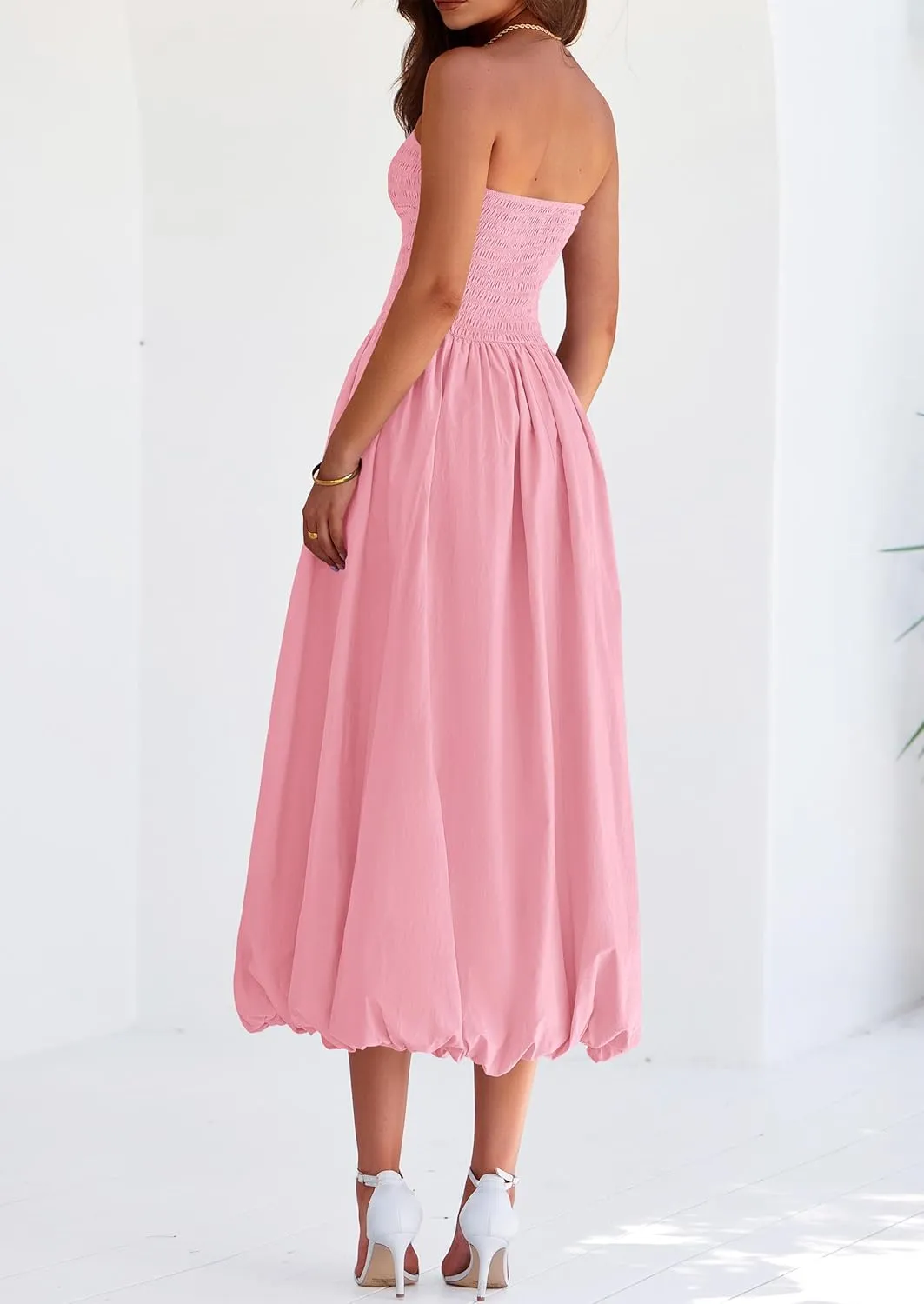 PRETTYGARDEN Women's 2025 Summer Strapless Tube Midi Dress Smocked A Line Bubble Long Flowy Casual Elegant Party Dresses