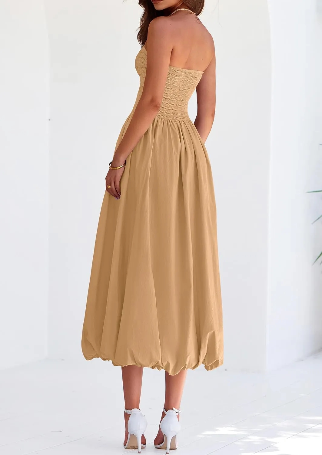 PRETTYGARDEN Women's 2025 Summer Strapless Tube Midi Dress Smocked A Line Bubble Long Flowy Casual Elegant Party Dresses