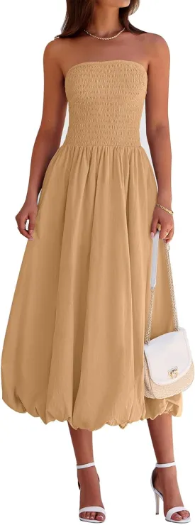 PRETTYGARDEN Women's 2025 Summer Strapless Tube Midi Dress Smocked A Line Bubble Long Flowy Casual Elegant Party Dresses