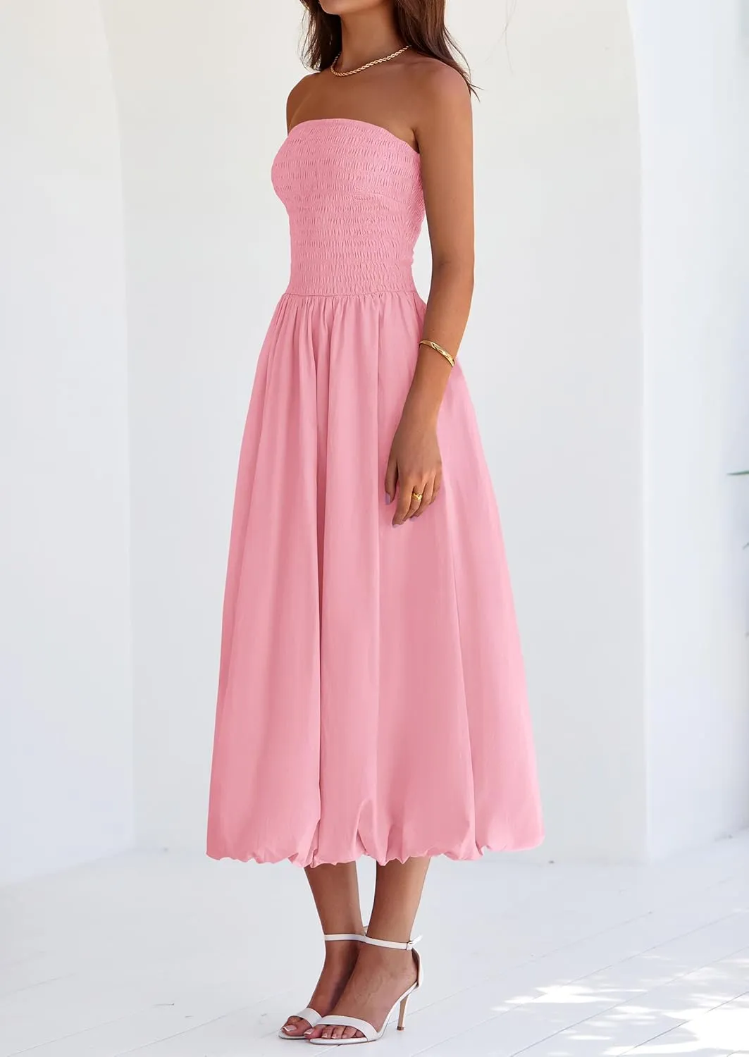 PRETTYGARDEN Women's 2025 Summer Strapless Tube Midi Dress Smocked A Line Bubble Long Flowy Casual Elegant Party Dresses