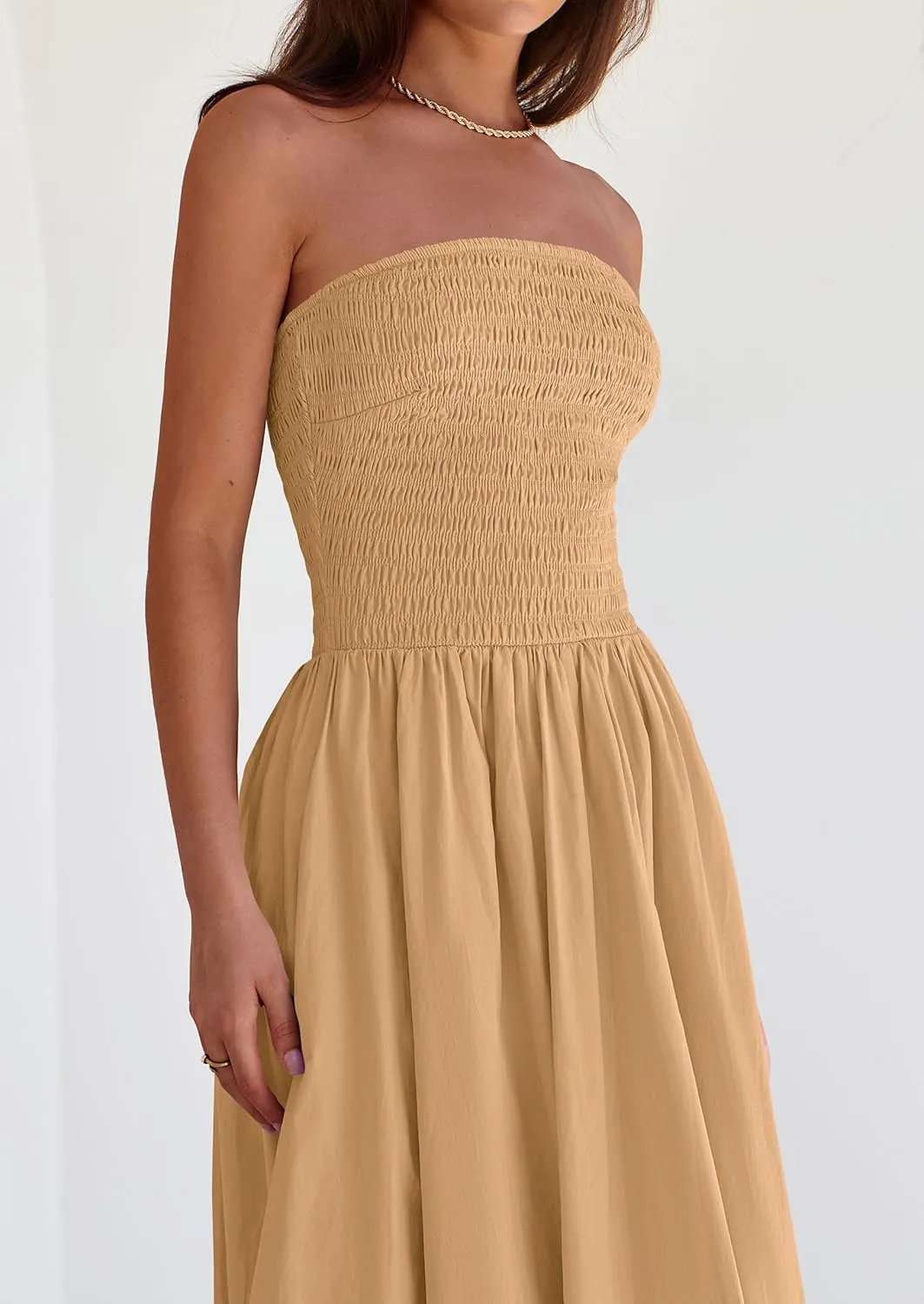 PRETTYGARDEN Women's 2025 Summer Strapless Tube Midi Dress Smocked A Line Bubble Long Flowy Casual Elegant Party Dresses