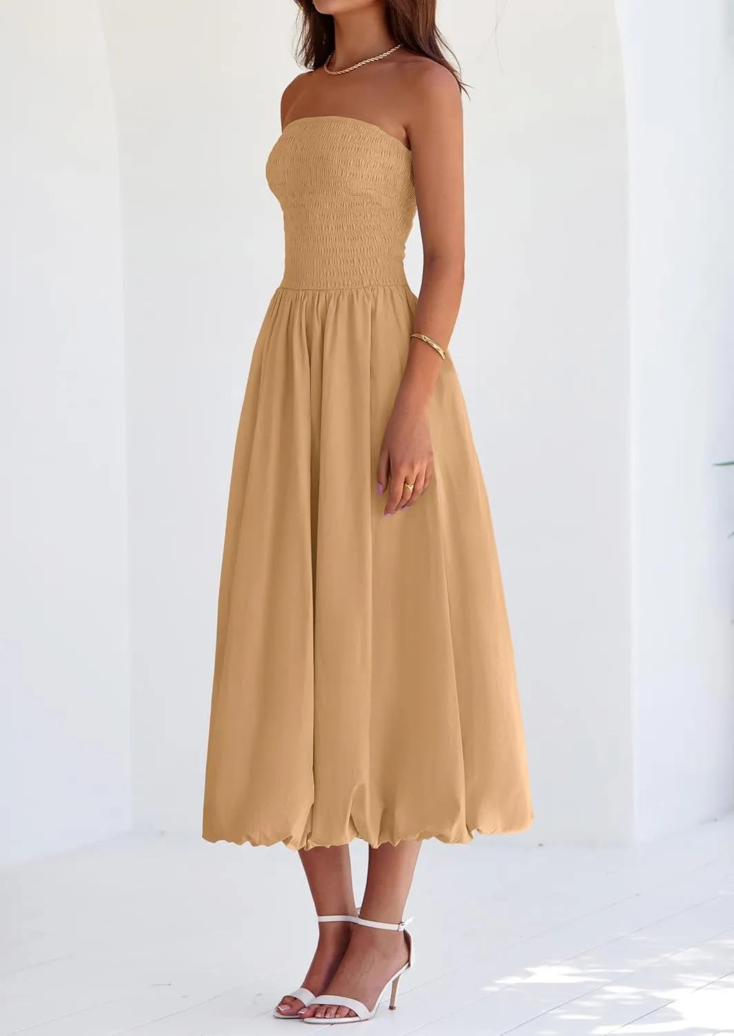 PRETTYGARDEN Women's 2025 Summer Strapless Tube Midi Dress Smocked A Line Bubble Long Flowy Casual Elegant Party Dresses