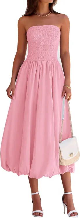 PRETTYGARDEN Women's 2025 Summer Strapless Tube Midi Dress Smocked A Line Bubble Long Flowy Casual Elegant Party Dresses