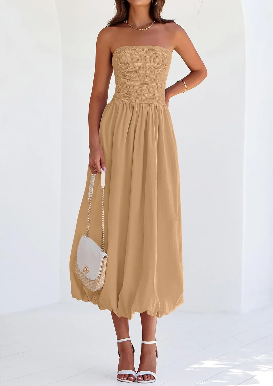 PRETTYGARDEN Women's 2025 Summer Strapless Tube Midi Dress Smocked A Line Bubble Long Flowy Casual Elegant Party Dresses