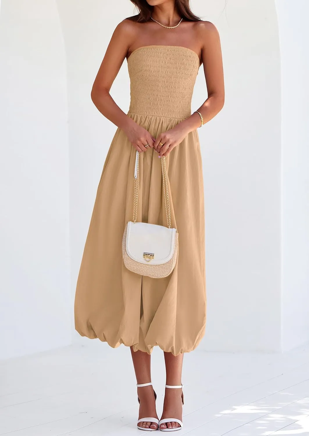 PRETTYGARDEN Women's 2025 Summer Strapless Tube Midi Dress Smocked A Line Bubble Long Flowy Casual Elegant Party Dresses