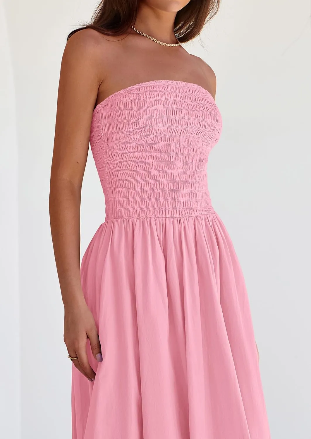 PRETTYGARDEN Women's 2025 Summer Strapless Tube Midi Dress Smocked A Line Bubble Long Flowy Casual Elegant Party Dresses