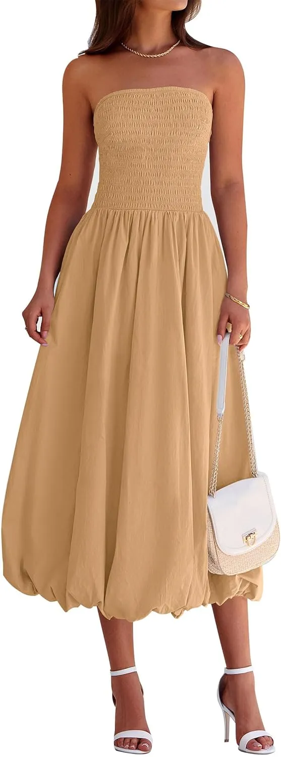 PRETTYGARDEN Women's 2025 Summer Strapless Tube Midi Dress Smocked A Line Bubble Long Flowy Casual Elegant Party Dresses