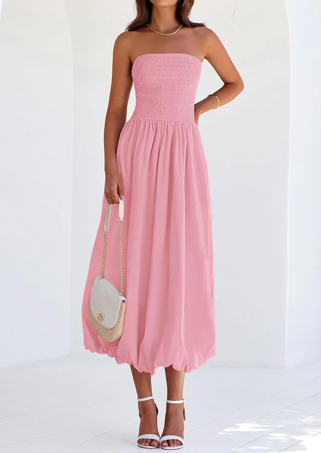 PRETTYGARDEN Women's 2025 Summer Strapless Tube Midi Dress Smocked A Line Bubble Long Flowy Casual Elegant Party Dresses