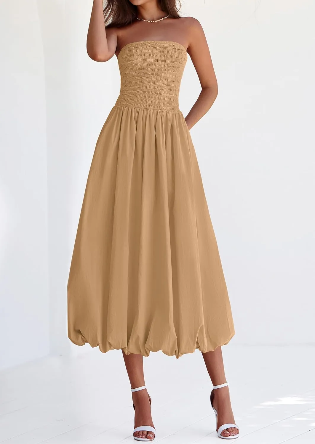 PRETTYGARDEN Women's 2025 Summer Strapless Tube Midi Dress Smocked A Line Bubble Long Flowy Casual Elegant Party Dresses