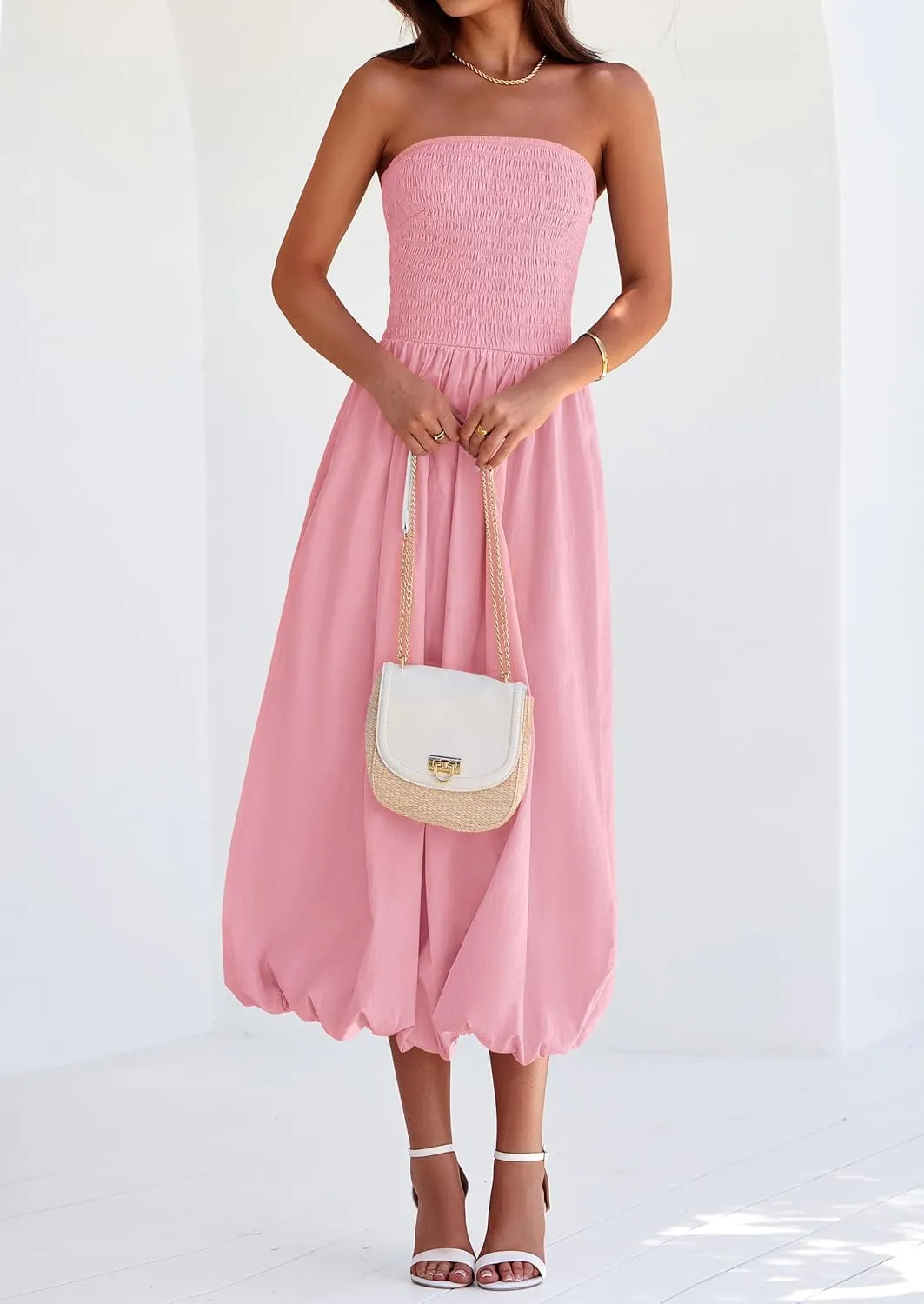 PRETTYGARDEN Women's 2025 Summer Strapless Tube Midi Dress Smocked A Line Bubble Long Flowy Casual Elegant Party Dresses
