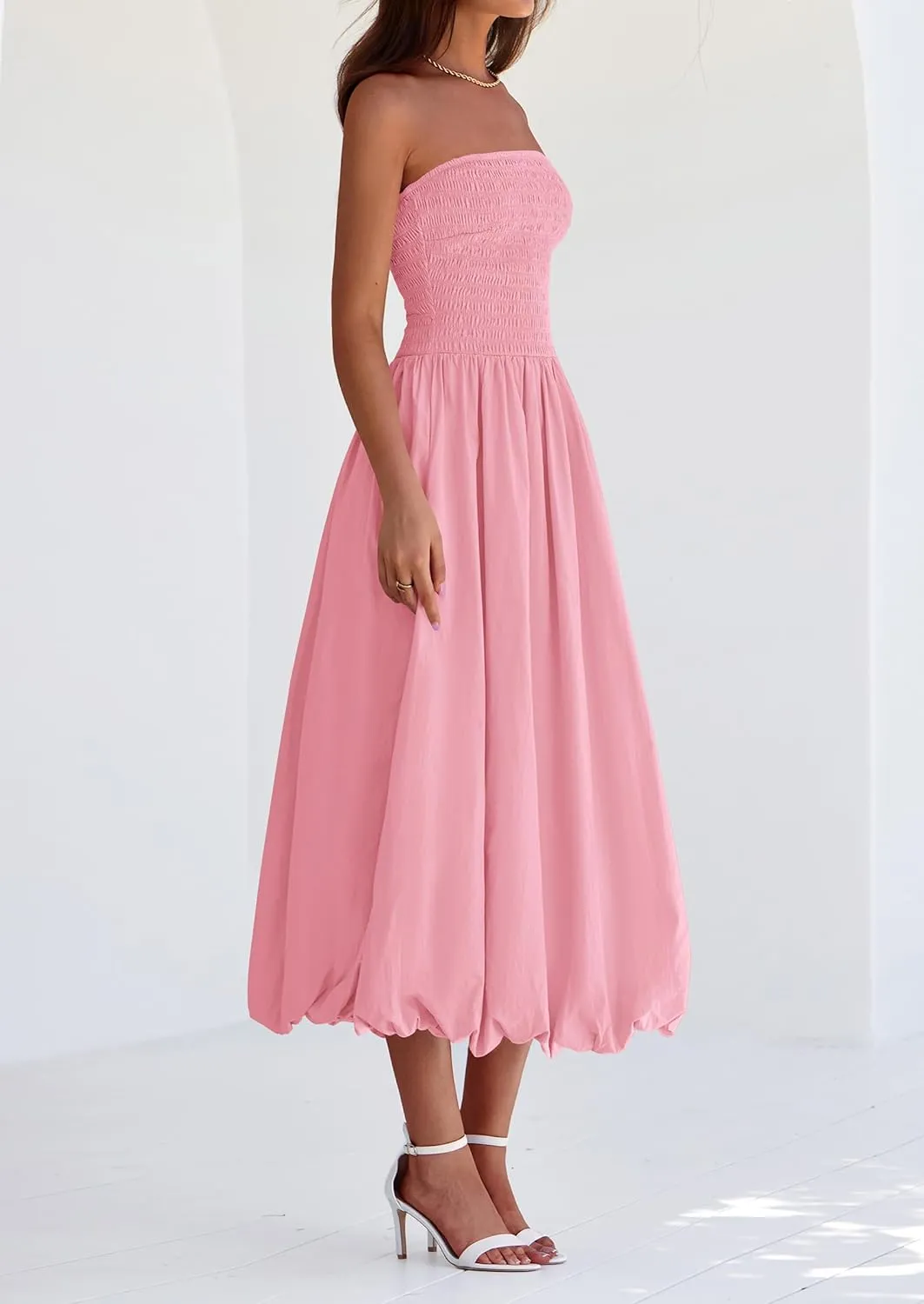 PRETTYGARDEN Women's 2025 Summer Strapless Tube Midi Dress Smocked A Line Bubble Long Flowy Casual Elegant Party Dresses