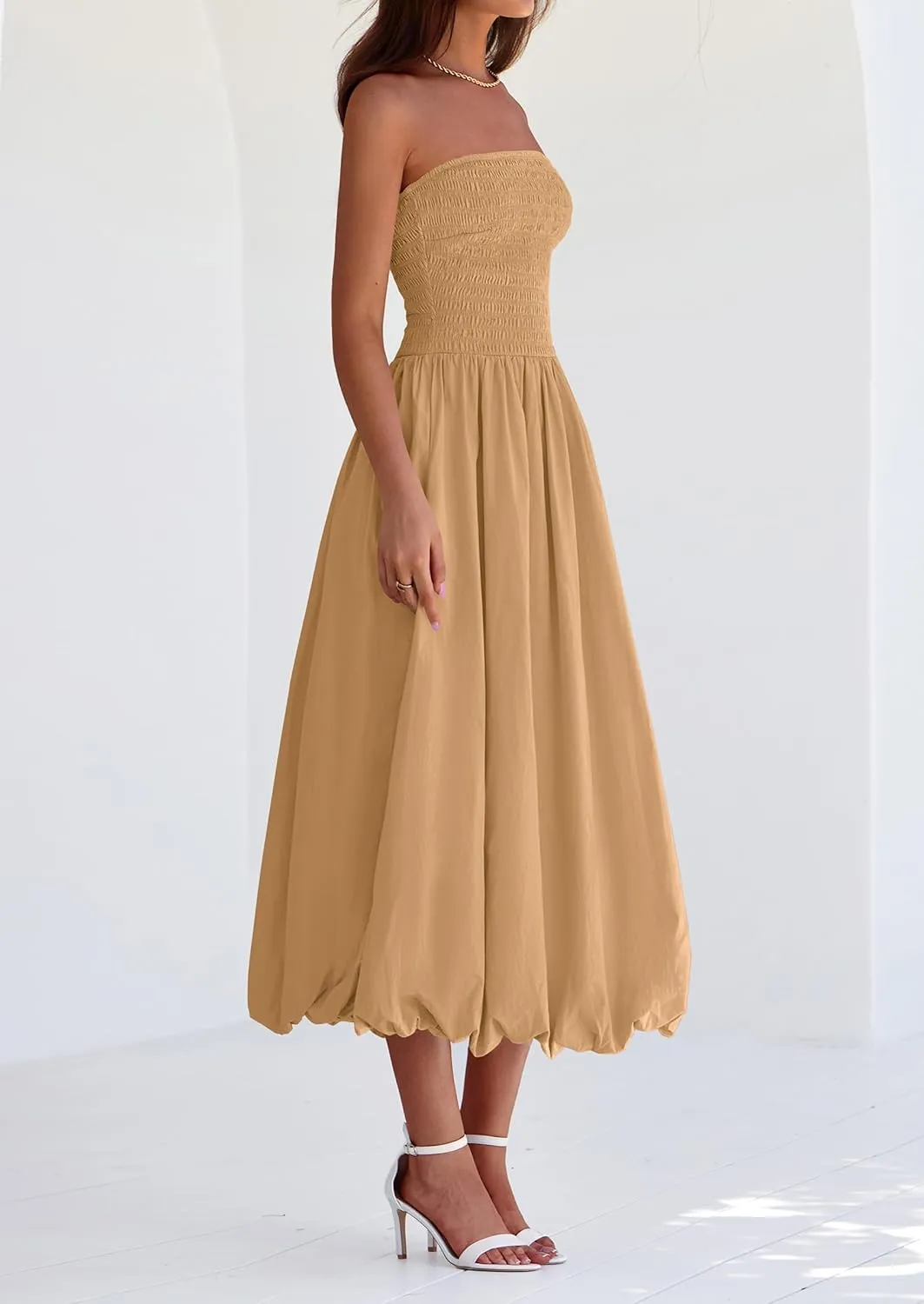 PRETTYGARDEN Women's 2025 Summer Strapless Tube Midi Dress Smocked A Line Bubble Long Flowy Casual Elegant Party Dresses