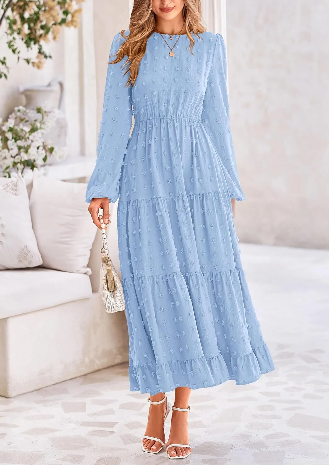 PRETTYGARDEN Women's Fall Spring Elegant Long Sleeve Maxi Dress Swiss Dot A Line Flowy Casual Holiday Party Going Out Dresses