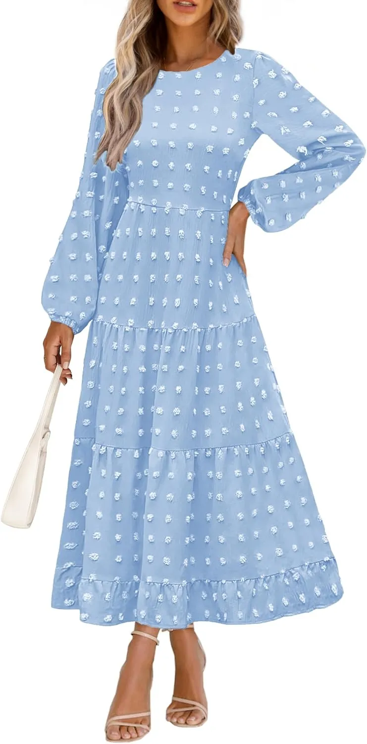 PRETTYGARDEN Women's Fall Spring Elegant Long Sleeve Maxi Dress Swiss Dot A Line Flowy Casual Holiday Party Going Out Dresses