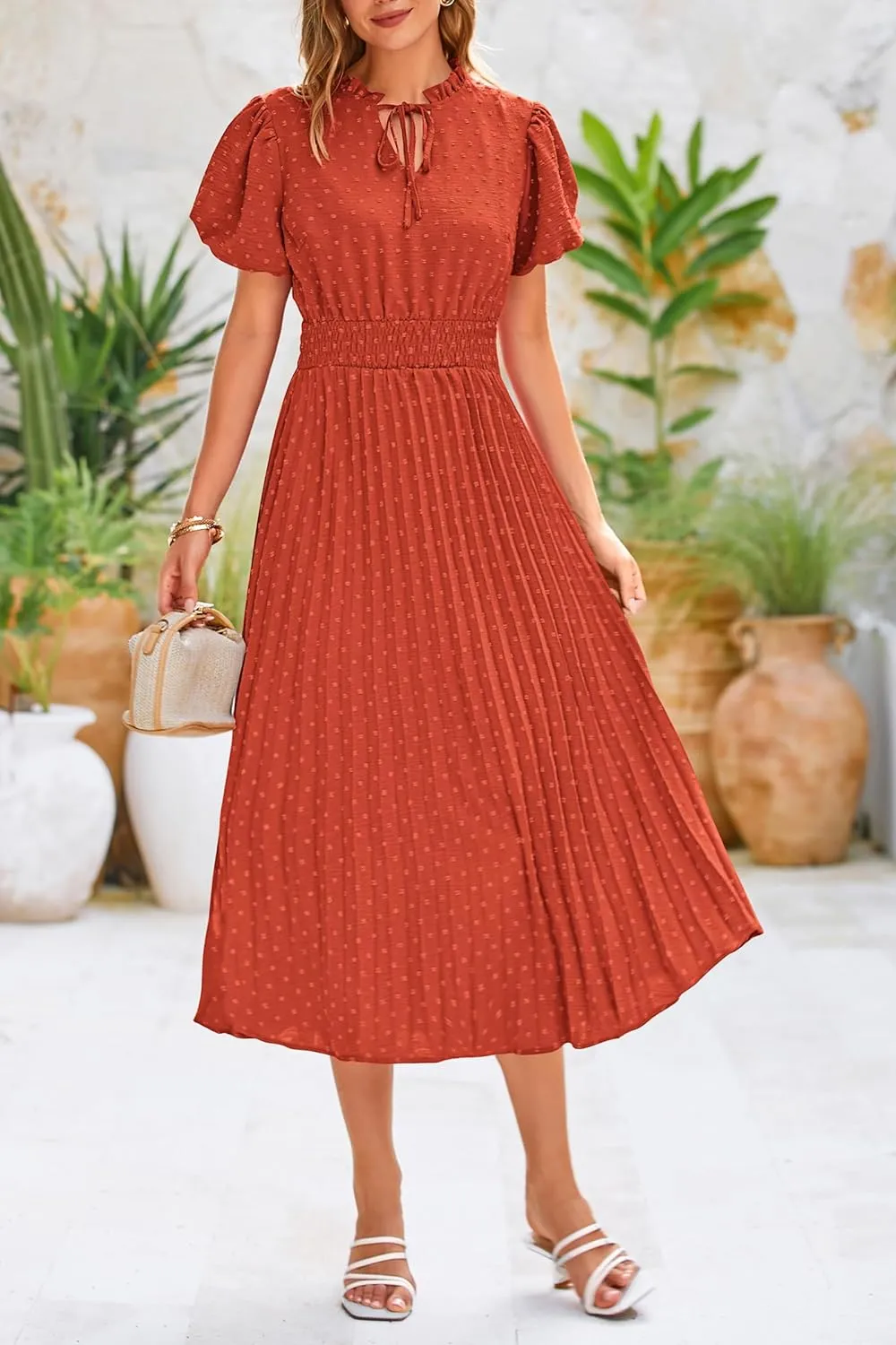 PRETTYGARDEN Womens Summer Midi Dresses Puff Short Sleeve V Neck Swiss Dot Pleated A Line Flowy Long Wedding Guest Dress