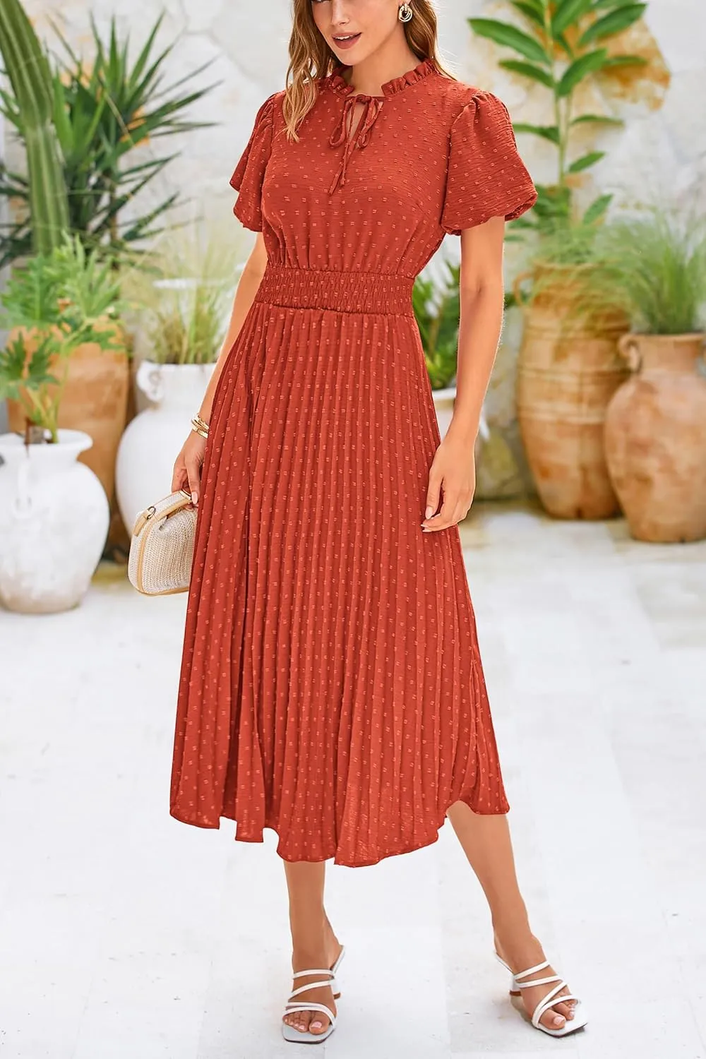 PRETTYGARDEN Womens Summer Midi Dresses Puff Short Sleeve V Neck Swiss Dot Pleated A Line Flowy Long Wedding Guest Dress