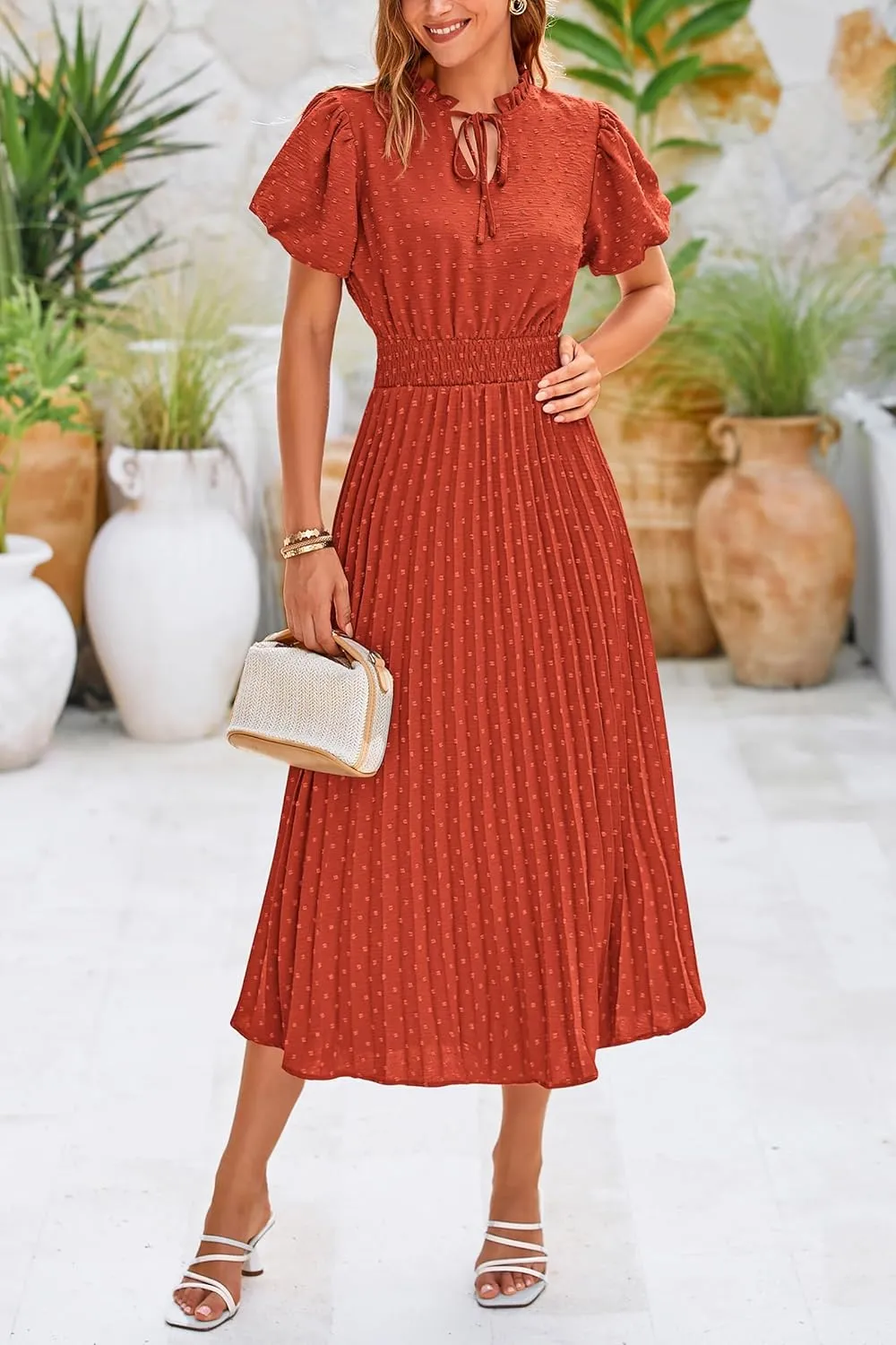 PRETTYGARDEN Womens Summer Midi Dresses Puff Short Sleeve V Neck Swiss Dot Pleated A Line Flowy Long Wedding Guest Dress