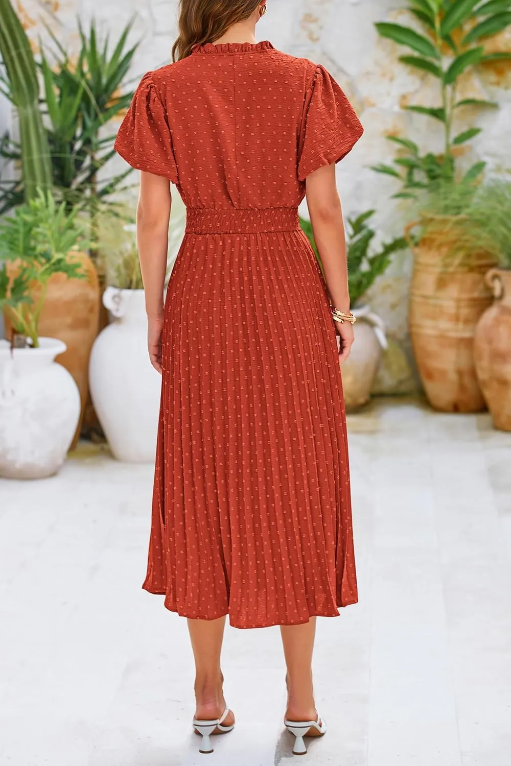 PRETTYGARDEN Womens Summer Midi Dresses Puff Short Sleeve V Neck Swiss Dot Pleated A Line Flowy Long Wedding Guest Dress