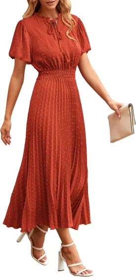PRETTYGARDEN Womens Summer Midi Dresses Puff Short Sleeve V Neck Swiss Dot Pleated A Line Flowy Long Wedding Guest Dress