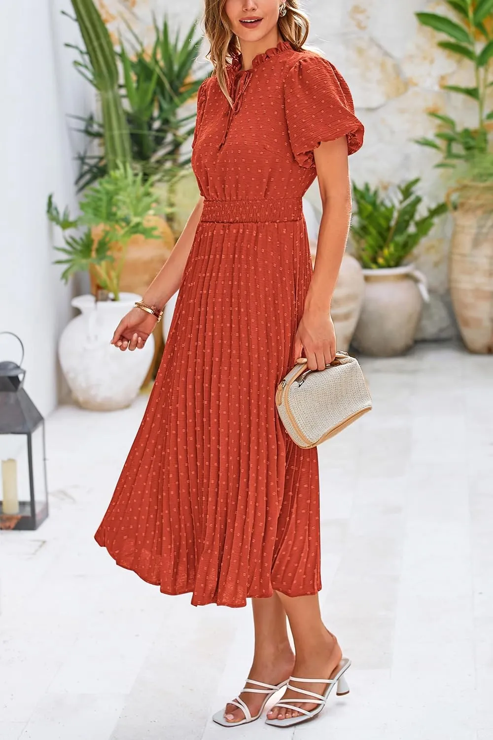 PRETTYGARDEN Womens Summer Midi Dresses Puff Short Sleeve V Neck Swiss Dot Pleated A Line Flowy Long Wedding Guest Dress