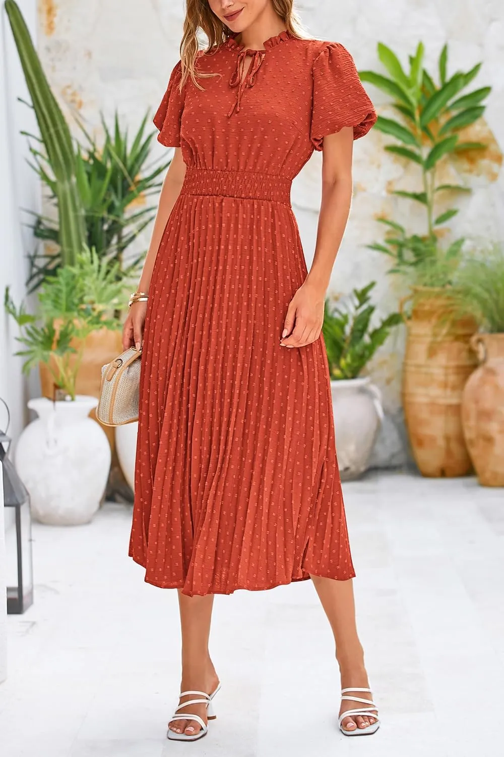 PRETTYGARDEN Womens Summer Midi Dresses Puff Short Sleeve V Neck Swiss Dot Pleated A Line Flowy Long Wedding Guest Dress