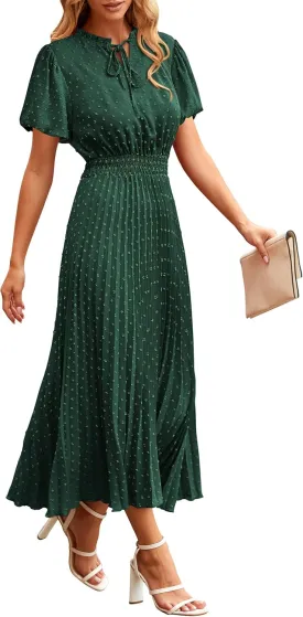 PRETTYGARDEN Womens Summer Midi Dresses Puff Short Sleeve V Neck Swiss Dot Pleated A Line Flowy Long Wedding Guest Dress