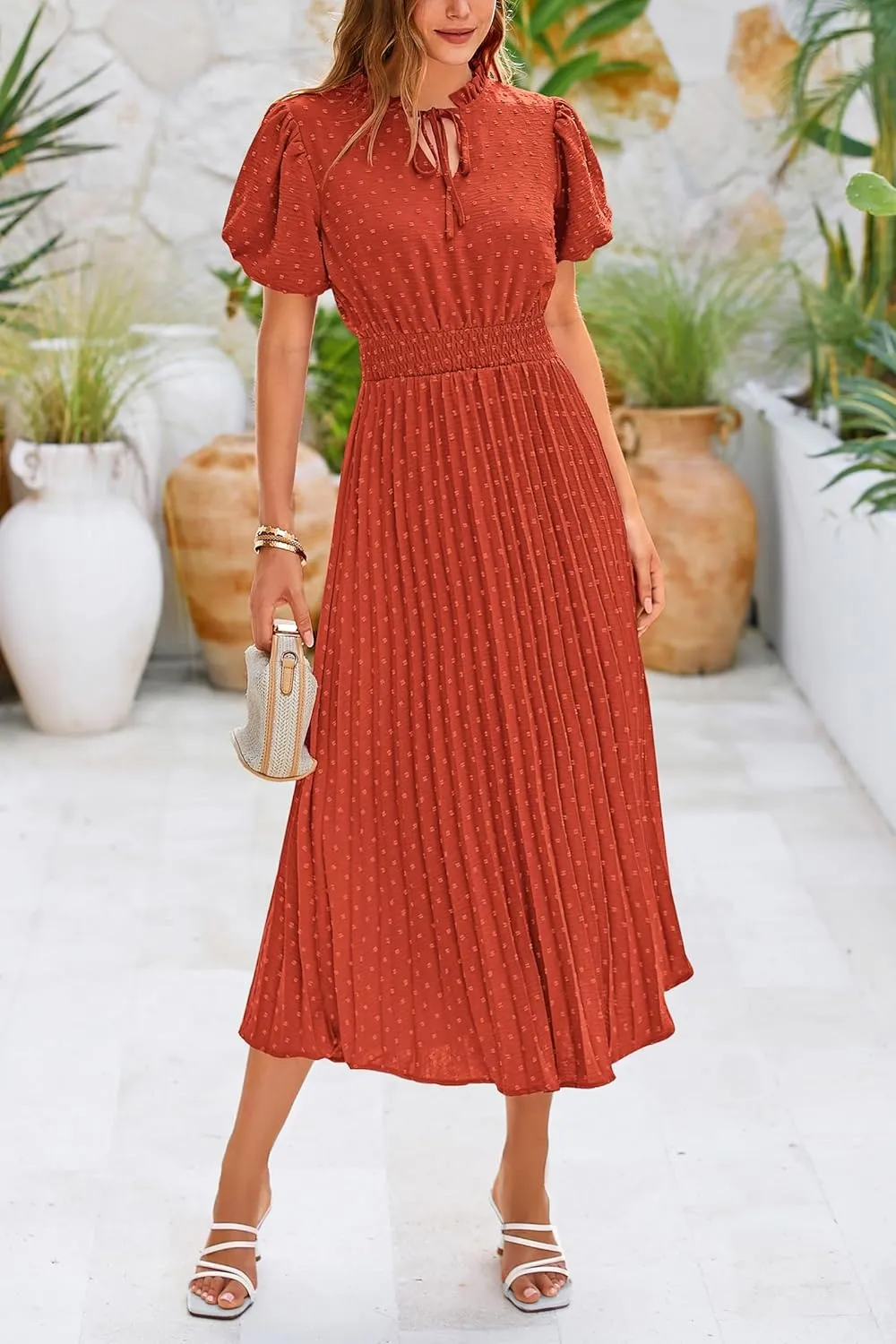 PRETTYGARDEN Womens Summer Midi Dresses Puff Short Sleeve V Neck Swiss Dot Pleated A Line Flowy Long Wedding Guest Dress