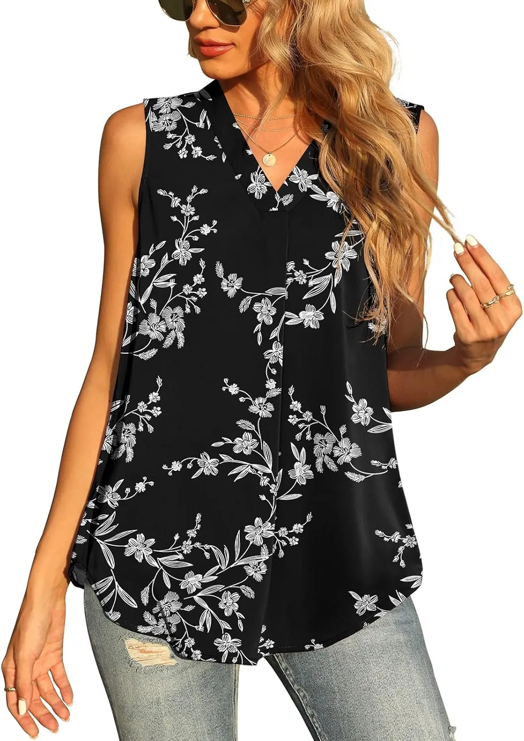 QUEZHU Women's Summer Sleeveless Chiffon Tank Tops Blouse Loose Casual V Neck Blouses Shirt