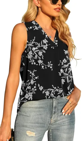 QUEZHU Women's Summer Sleeveless Chiffon Tank Tops Blouse Loose Casual V Neck Blouses Shirt