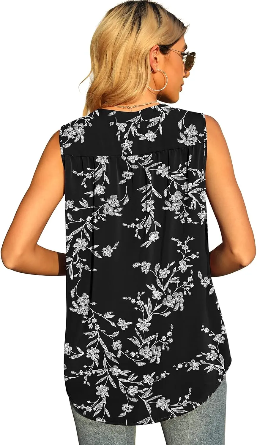 QUEZHU Women's Summer Sleeveless Chiffon Tank Tops Blouse Loose Casual V Neck Blouses Shirt