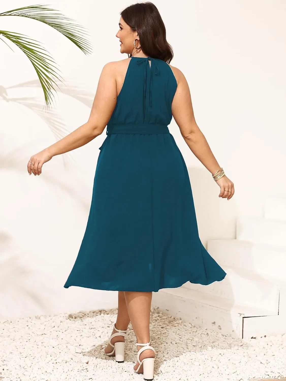 SCOMCHIC Womens Plus Size Summer Dresses Sleeveless Halter Neck A Line High Low Split Ruffle Long Dress with Belt