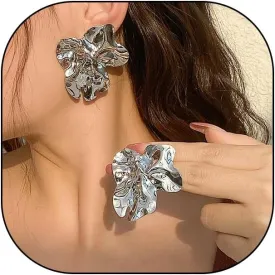 Silver Statement Earrings for Women,Irregular Gold Geometric Big Flower Earrings Chunky Drop Earring,Aesthetic Vacation Jewelry Accessories Gifts
