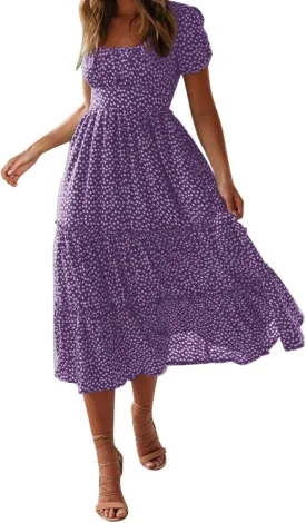 Summer Dresses for Women 2025 Casual Plus Size Boho Puff Sleeve Beach Sundresses Polka Dot Print Midi Dress