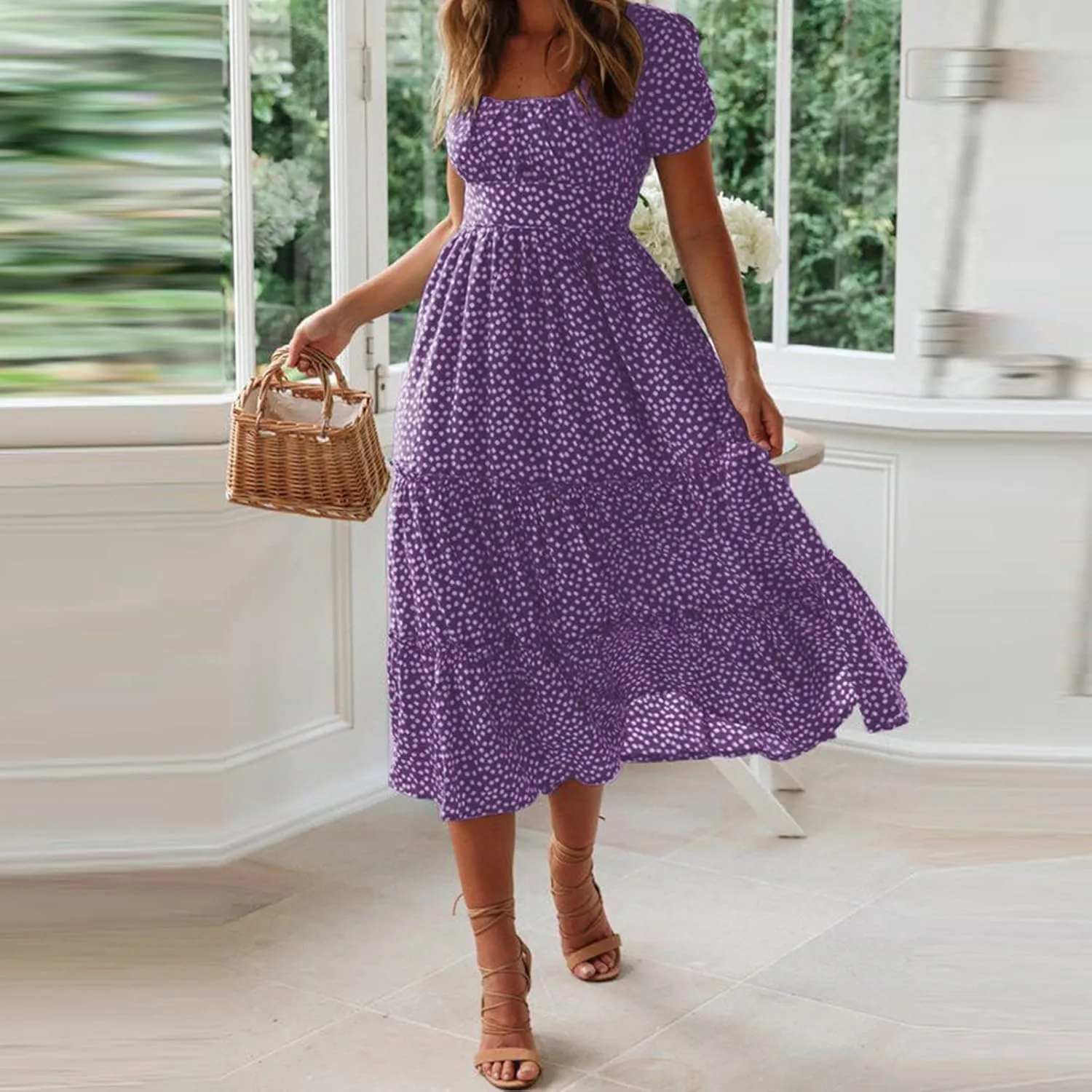 Summer Dresses for Women 2025 Casual Plus Size Boho Puff Sleeve Beach Sundresses Polka Dot Print Midi Dress