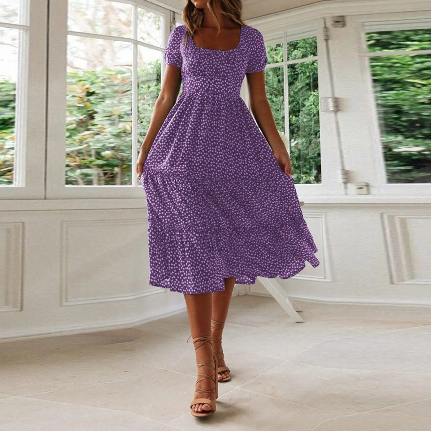 Summer Dresses for Women 2025 Casual Plus Size Boho Puff Sleeve Beach Sundresses Polka Dot Print Midi Dress