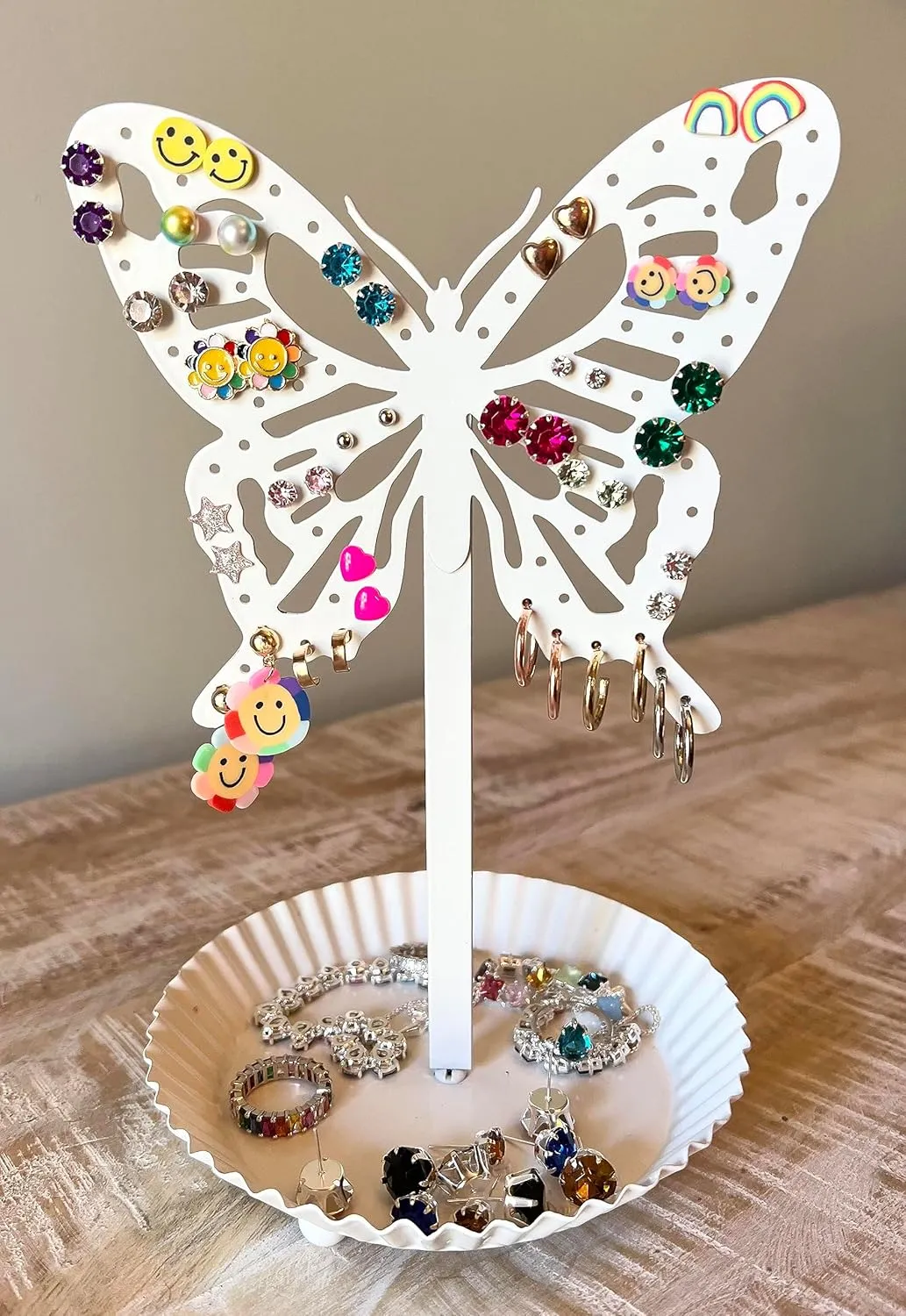 Top Brass Butterfly Earring Holder Organizer Metal Standing Jewelry Tree Display with Ring Tray (White)