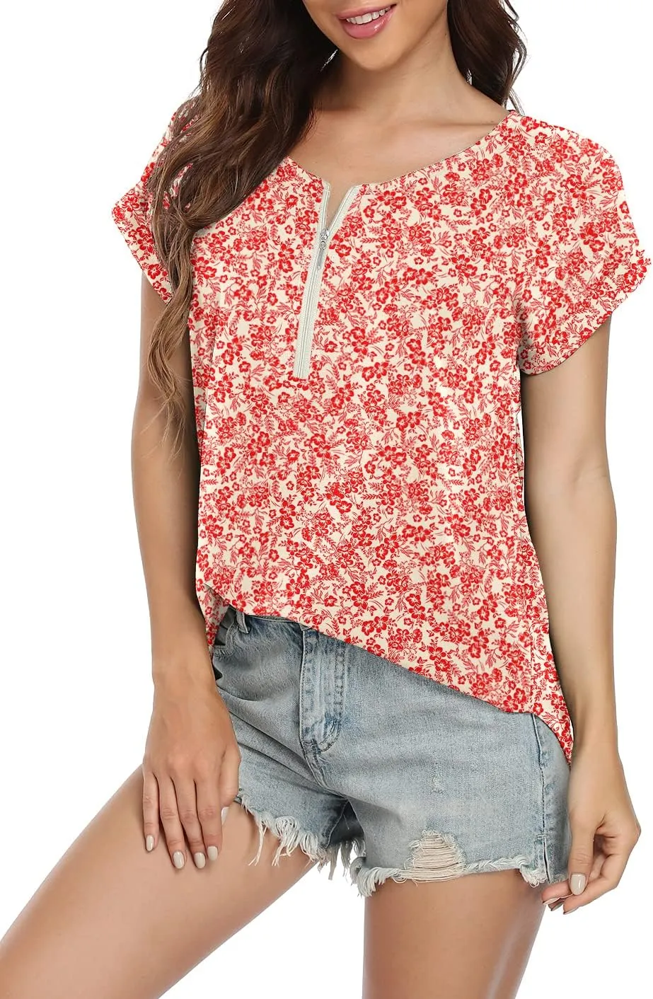 VIISHOW Women's Summer Casual Rolled Cuff Zip Half Placket Chiffon Short Sleeve Top Blouses