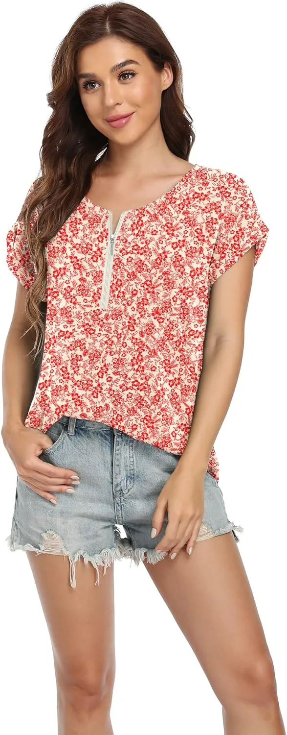 VIISHOW Women's Summer Casual Rolled Cuff Zip Half Placket Chiffon Short Sleeve Top Blouses