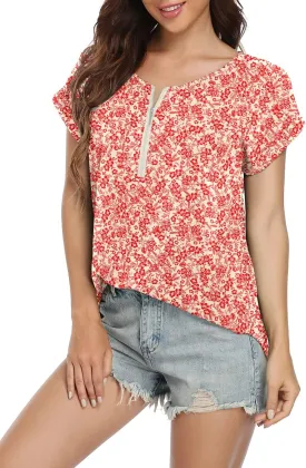 VIISHOW Women's Summer Casual Rolled Cuff Zip Half Placket Chiffon Short Sleeve Top Blouses