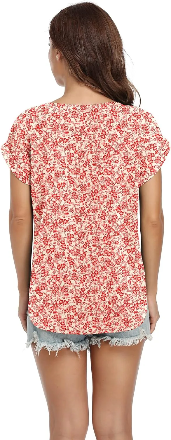 VIISHOW Women's Summer Casual Rolled Cuff Zip Half Placket Chiffon Short Sleeve Top Blouses
